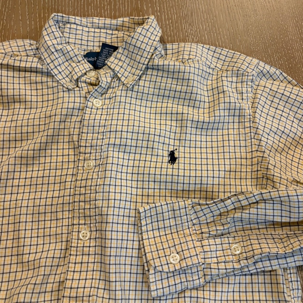 Ralph Lauren Boy Size L (14-16) Yellow Blue Plaid Button Front Long Sleeve Shirt